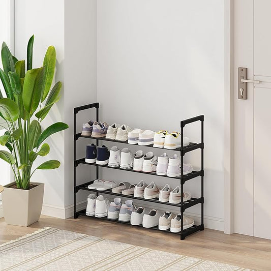 Calmootey 4-Tier Shoe Rack, Tall Large Capacity 20 Pairs Shoes Storage Organizer, Stackable Wide Shoe Shelf for Entryway, Hallway, Black