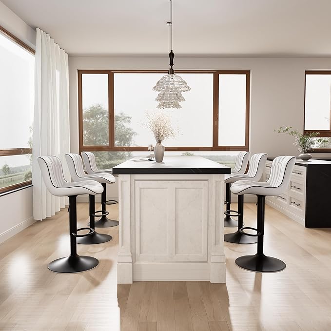 YOUNIKE White Bar Stools Set of 4 Modern Swivel Counter Height Bar Chair with Back Adjustable Kitchen Island Faux Leather Padded Barstools taburetes de bar Breakfast sillas para barra de cocina 4PCS