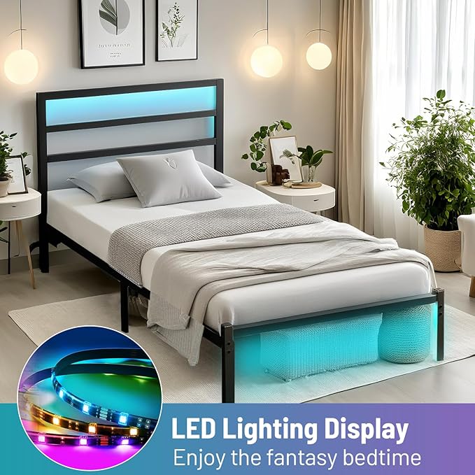 Twin Bed Frame with Headboard,Heavy Duty Steel Slats Support-LED Bed Frame with USB Charging Station,Mattress Foundation-Under Bed Storage,No Box Spring Needed,Noise Free,Black