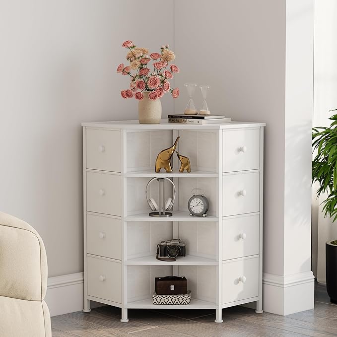 LUMTOK 8 Drawers Corner Dresser with Storage Fabric Drawers and Open Shelves for Small Space,Bedroom,Entryway,Living Room (White)