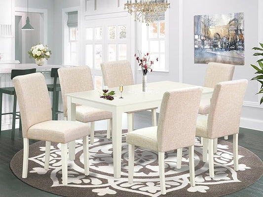 East West Furniture CAAB7-LWH-02 7 Piece Dining Room Furniture Set Consist of a Rectangle Dining Table and 6 Light Beige Linen Fabric Upholstered Parson Chairs, 36x60 Inch, Linen White
