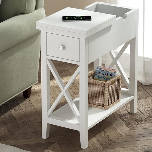 ChooChoo White End Table Set of 2, Flip Top Narrow End Table with Drawer, Accent Small Side Table Nightstand for Living Room, Bedroom, and Small Spaces