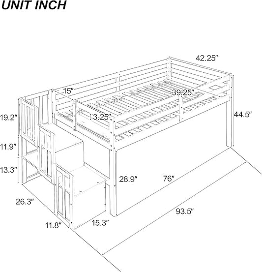 HomSof Loft Bed with Stairs and Storage,Gray