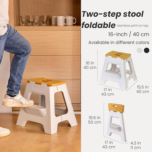 Vigar Compact Step Stool Foldable, 16-inch Two-Step Stools for Adults up to 330 Pound, Lightweight Stool, Non-Slip Folding Step Stool, Grey, Bamboo Print on Top