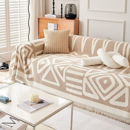 VM VOUGEMARKET Sectional Couch Cover for 3 Cushion Geometric Pattern Chenille Sofa Cover Dog Proof Universal Sofa Slipcover L Shaped Sofa Furniture Protector with Tassels-71 x 134,Khaki