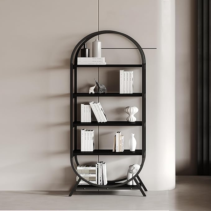 Bookshelf Arched Bookcase, Industrial 5 Tier Open Book Shelves with Metal Frame, 72" Tall Freestanding Display Rack for Home Office, Living Room, Black