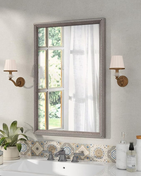 Axeman 24x36 Wood Wall Mirror, Rustic Bathroom Mirror, Vintage Wall Mounted Mirror Tempered Glass with Beaded Wooden Frame for Farmhouse Living Room Vanity Bedroom Entryway, Grey