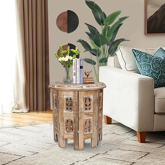 Versatile Octagonal Wooden Table – 12" Round Top, 12" Height – Rustic White-Wash Coffee Table, Side Table, or End Table for Living Room, Bedroom, or Kids’ Room