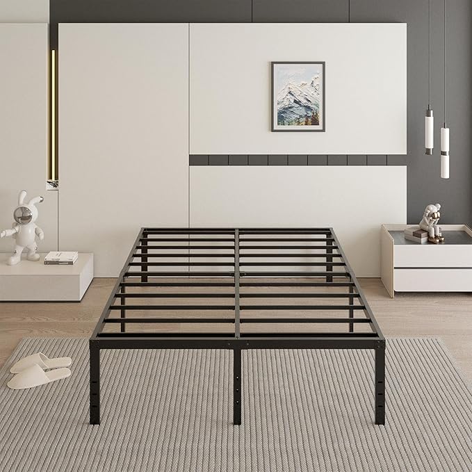 18 Inch Full Size Bed Frame with Black Bed Cover, Metal Bed Frame Full Size No Box Spring Needed, Heavy Duty Mattress Foundation, Easy Assembly, Noise Free