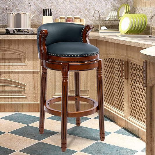 CozyRain Bar Stools Rubber Wood Counter Height Bar Stool Leather Upholstered Swivel Barstools with Back & Footrest for Home,Kitchen,Counter,Dining Room (Navy Blue, Seat Height 29.5 in)