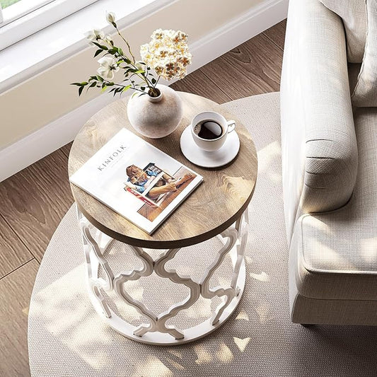 Farmhouse End Table, 18.5'' French Country Round Side Table, Wood Top Side Table with Curved Motif Frame Base for Boho, End Tables Living Room, Bedroom, Small Space, Easy Assembly