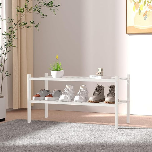2 Tier Bamboo Shoe Rack for Closet Free Standing Wood Shoe Shelf for Entryway Small Space Stackable 27"x11"x13" (White)