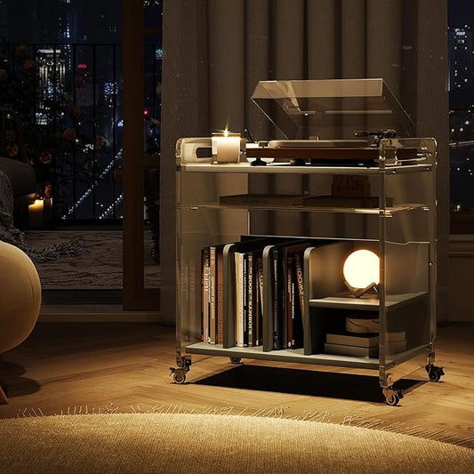 Acrylic Record Player Stand,Vinyl Storage Holder Cabinet with Wheels,Large Turntable Stand with Shelf,Coffe Table Movable End Table Nightstand Stereo Cabinet for Living Room Bedroom Office