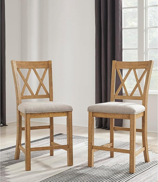 Signature Design by Ashley Havonplane Rustic Armless 25.63" Counter Height Upholstered Bar Stool with Foot Rest, Set of 2, Light Brown & Light Gray