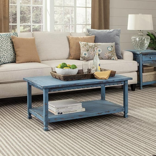 Rustic Rectangular Coffee Table, 42 in. W x 24 in. D x 18 in. H, Living Room Blue Antique, W/ (1) 36 in. W x 18 in. D x 10 in. H Shelf, Farmhouse/Cottage Style, Select Hardwood/Construction
