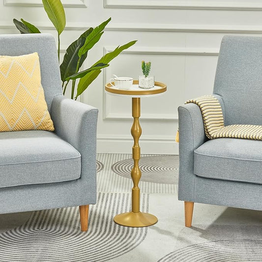 Small Round Drink Table,Pedestal Tables,Small Round Side Table for Narrow Spaces,End Table for Living Room, Bedroom, Bathroom,Balcony (White Gold)