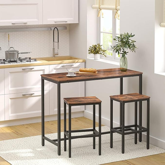 HOOBRO Bar Table and Chairs Set, 47.2” Rectangular Pub Table with 2 Stools for Small Space, High Top Table, 3-Piece Breakfast stools Set, Sturdy Metal Frame, Easy to Assemble, Rustic Brown BF52BT01