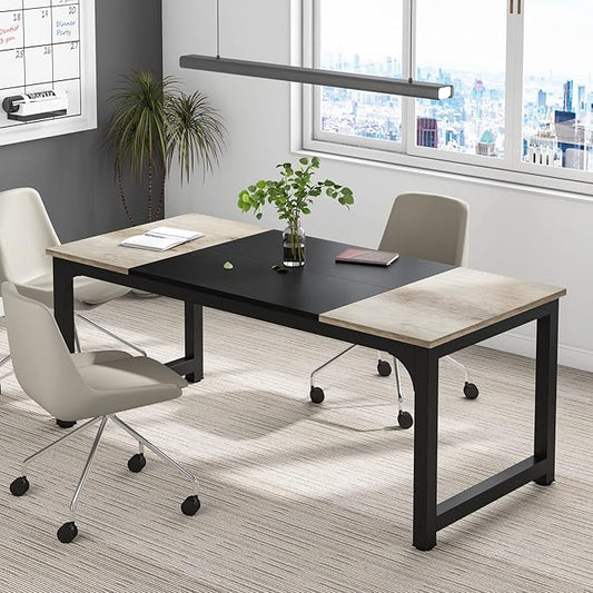 Tribesigns Modern Computer Desk, 70.8 x 31.5 inch Large Office Desk Computer Table Study Writing Desk Workstation for Home Office, Black Metal Frame, Grey Oak