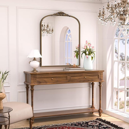 Keonjinn Gold Vintage Mirror 30" x 36", Antique Brass Mirrors for Wall Decor, Arched Decorative Mirror for Mantle, Hallway, Living Room, Fireplace, Bedroom, Bathroom Mirror with French Cleat Mounting