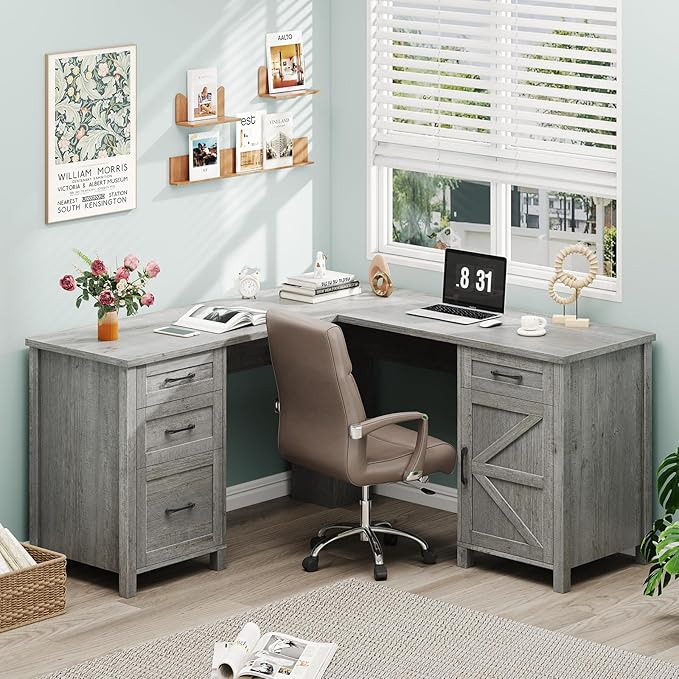 59” L Shaped Executive Desk with Power Outlets, Farmhouse Home Office Desk with Flie Drawer,Stroage Cabinet, Wood Corner Sturdy Writing Workstation.(Gray.