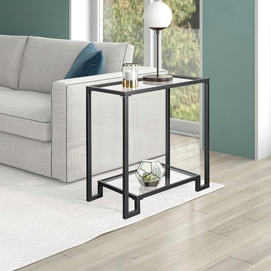 2 Tier Rectangular Side Table, Black End Table with Glass Top, Modern Metal Clear Coffee Tables,Small Accent Tables for Living Room, Bedroom, 22" x 12.4" x 24"