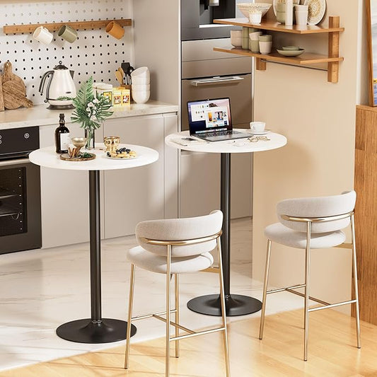 Shahoo Round Bar Table, Cocktail Tables with Metal Base & MDF Top, for Bistro Pub, Cafe, White