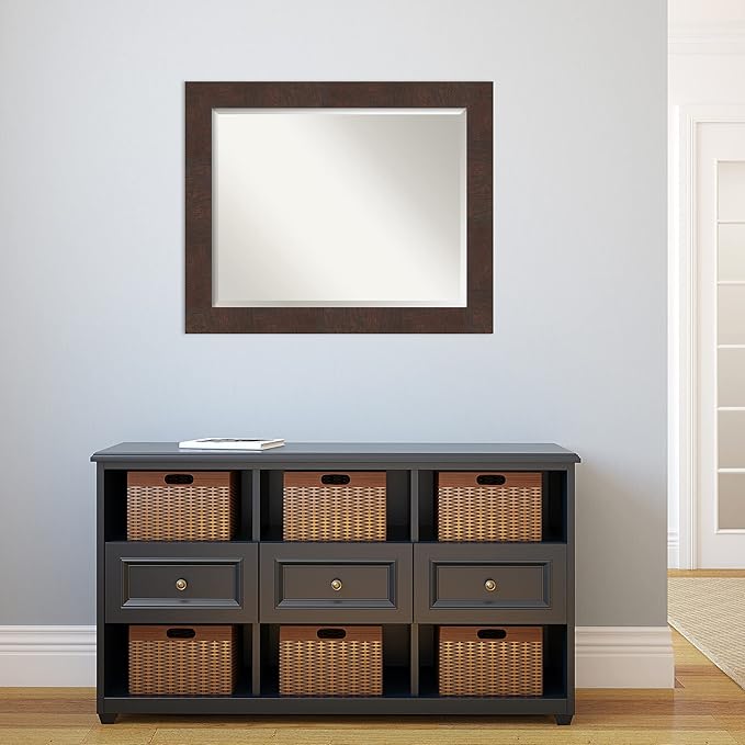 Amanti Art Brown Wall Mirror 27x33 Wildwood Brown Rectangle Bathroom Mirror for Wall Decor Living Room, Large Rustic Farmhouse Frame, Hangs Horizonally and Vertically, Bathroom Decor, Beveled Edge