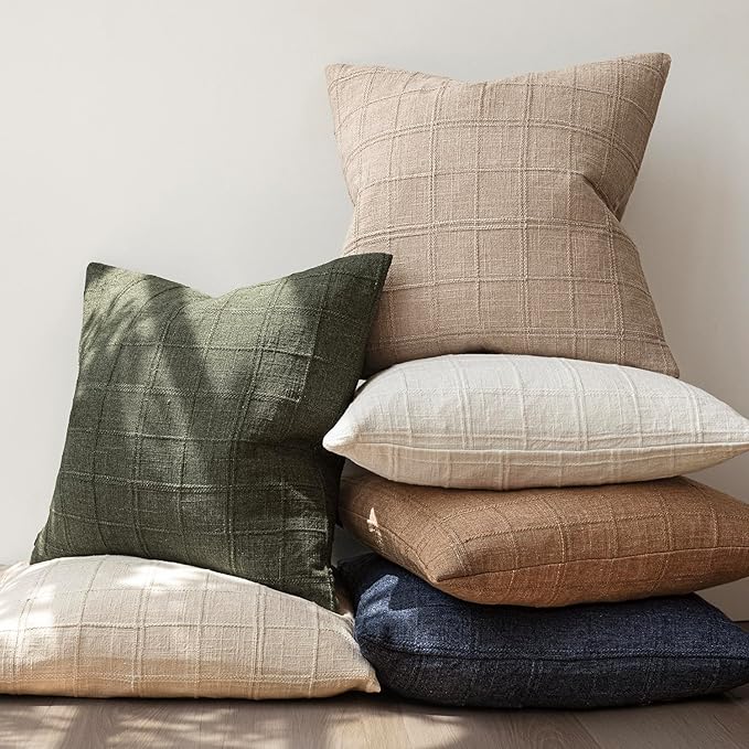Foindtower Set of 2 Decorative Linen Check Throw Pillow Covers Neutral Farmhouse Vintage Cushion Covers Modern Coastal Boho Home Decor For Sofa Chair Couch Bedroom Living Room Outdoor,18×18 Inch,Camel