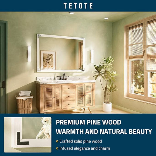 TETOTE 48 x 36 White Wooden Mirror for Bathroom Wall/Bedroom/Living Room/Entryway Farmhouse Rustic Wall Mirror Waterproof (Horizontal/Vertical Mounted)