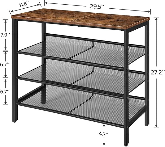 HOOBRO Shoe Rack for Entryway, 4-Tier Shoe Organizer with Adjustable Mesh Shelves, 12-16 Pairs of Shoes, Spacious Floor Mount, Metal, Industrial, Shoe Shelf for Closet, Rustic Brown BF42XJ01