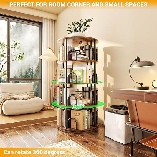 Aheaplus 4 Tier Rotating Bookshelf Tower, 360 Display Spinning Bookcase, Revolving Round Book Shelf Narrow Swivel Bookshelf, Vertical Turning Corner Book Organizer for Small Space, Rustic Brown