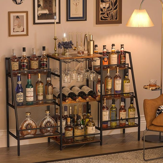 Versatile Bar Stand with Glass Holder, Wine Rack Freestanding Floor, Liquor Cabinet for Liquor Whiskey Wine, 6-Tier Stepped Bar Cabinet with Fences, Vintage Brown(Patent Pending)