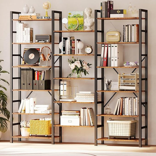 IRONCK Bookshelves 6 Tiers Triple Wide Industrial Bookshelf, Large Etagere Bookshelf Open Display Shelves with Metal Frame for Living Room Bedroom Home Office