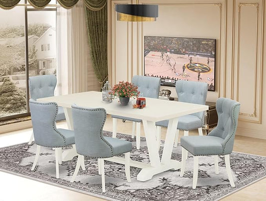 East West Furniture V027SI215-7 7 Piece Dining Room Table Set Consist of a Rectangle Kitchen Table with V-Legs and 6 Baby Blue Linen Fabric Parson Dining Chairs, 40x72 Inch, Multi-Color