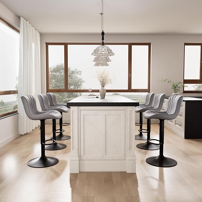 YOUNIKE Grey Bar Stools Set of 6 Modern Swivel Counter Height Bar Chair with Back Adjustable Kitchen Island Faux Leather Padded Barstools taburetes de bar Breakfast sillas para barra de cocina 6PCS