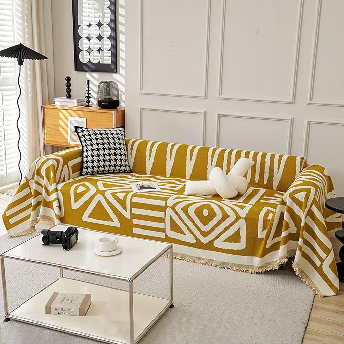 STACYPIK Boho Couch Cover, Ginger Yellow Sofa Cover for L Shaped Pet-Friendly, Reversible Sofa Protector for 3 Cushion Couch, Anti Slip Sofa Cover for Dogs, Washable Jacquard Loveseat Covers-71X134IN