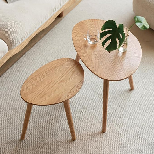 Small Oval Nesting Table, Mid Century Coffee Table for Living Room,Solid Oak Wood End Tables,Triangle Tabletop with 3 Legs,Minimalist Display Living Tables (Original Wood Color, 3 Pieces)