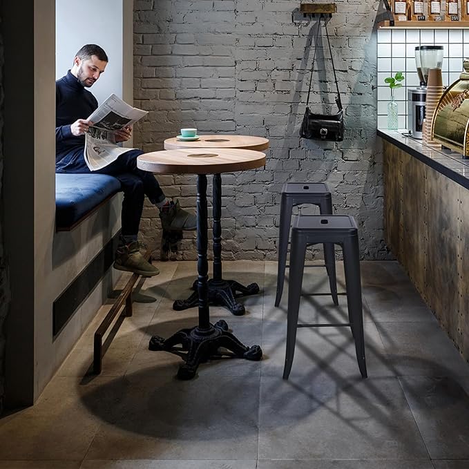 30 Inches Metal Bar Stools, High Backless Stools, Indoor Outdoor Stackable Kitchen Stools, Set of 4, Black