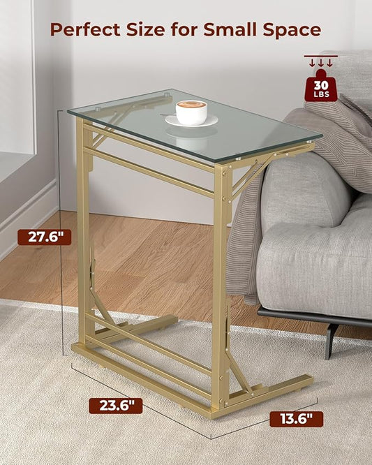 Tatub 24" Folding TV Tray Table, Glass C Shaped End Table for Couch, Small Sofa-Side Laptop Desk with Gold Metal Frame for Living Room, Bedroom, Bedside