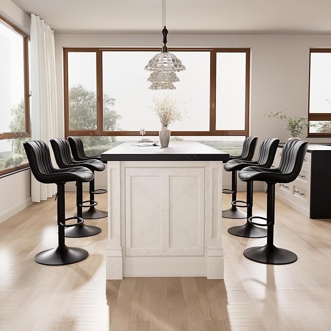 YOUNIKE 3 Black Bar Stools Modern Swivel Counter Height Bar Chair with Back Adjustable Kitchen Island Faux Leather Padded Barstools taburetes de bar Breakfast sillas para barra de cocina 3PCS