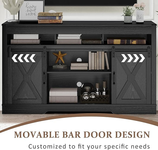 RoyalCraft Farmhouse TV Stand with Sliding Barn Door for TVs up to 65+ Inch, 34" Tall Entertainment Center, Wood Media Console Storage Cabinet for Bedroom, Living Room, Black