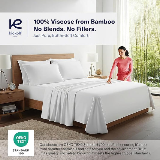 Kickoff Viscose Bamboo Sheets California King Size 4-pc 100% Organic Bamboo Viscose Bed Cooling Sheets Cal King Set Cool Bedding for hot Sleepers Sheet, Flat, Fitted, Pillowcases (Snow White, CK)