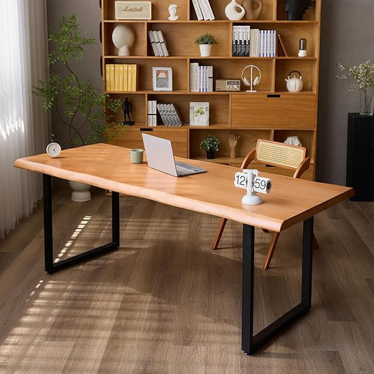 Solid Wood Office Desk with Metal Base Stylish Durable Multi-Size Options Executive Computer Desk or Dining Table Quality Solid Wood Design Perfect for Home Office or Work Environment (Tan55.12in)