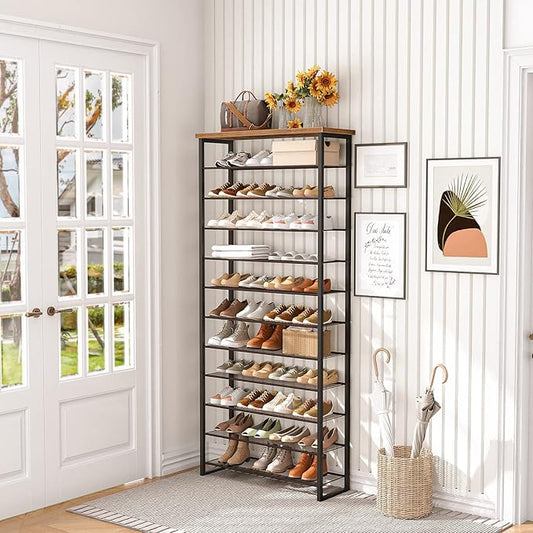 HOOBRO 12-Tier Shoe Rack, 29.5" L Shoe Storage Organizer, Large Capacity Shoe Shelf for Front Door Entrance, Entryway, Closet, Holds 36-48 Pairs of Shoes, Closet, Rustic Brown and Black BF127XJ01