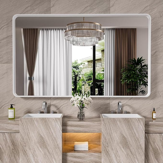 White Bathroom Mirror 55x36 Inch, White Metal Framed Bathroom Mirror for Wall, Rounded Rectangle Matte Bathroom Vanity Mirror, Tempered Glass, Anti-Rust, Horizontal/Vertical