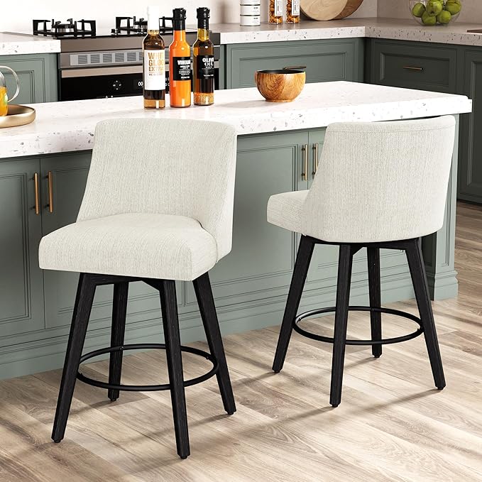 Counter Height Bar Stools Set of 6, Modern Swivel Barstools with Back and Wood Legs, Linen Fabric Upholstered Bar Chairs, 26" H Kitchen Counter Stools, Kitchen Island Home Bar, Ivory