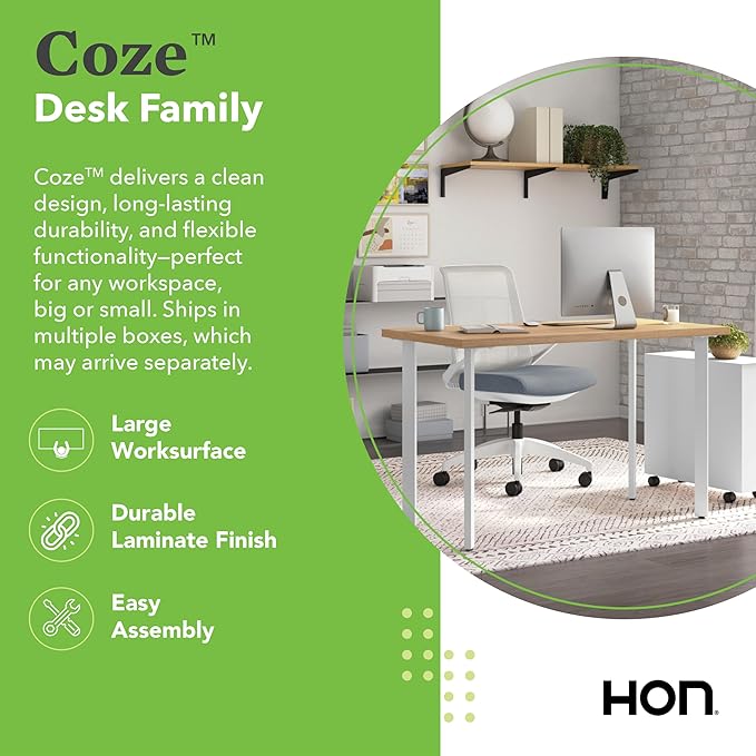 HON Coze Home Office Desks, Sturdy Table Computer Desk, 48", Natural Recon Top, White Base
