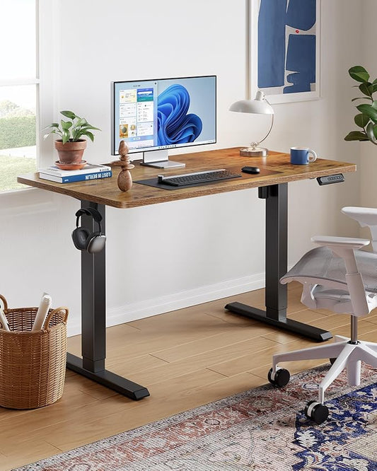 HUANUO 55" x 24" Electric Standing Desk Adjustable Height, 4 Memory Height Settings, Headphone Hook, Cable Manager, Sit Stand Up Desk for Home Office & Computer Workstation, Vintage Brown