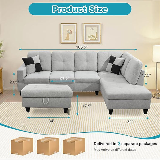 Couches for Living Room Modern L Shaped Couch Comfy Flannel Fabric 3 Pieces Sectional Sofa with Chaise, Ottoman with Storage for Office and Small Apartment, Light Grey