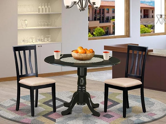 East West Furniture DLAN3-BLK-C 3 Piece Dining Table Set for Small Spaces Contains a Round Dining Room Table with Dropleaf and 2 Linen Fabric Upholstered Chairs, 42x42 Inch, Black